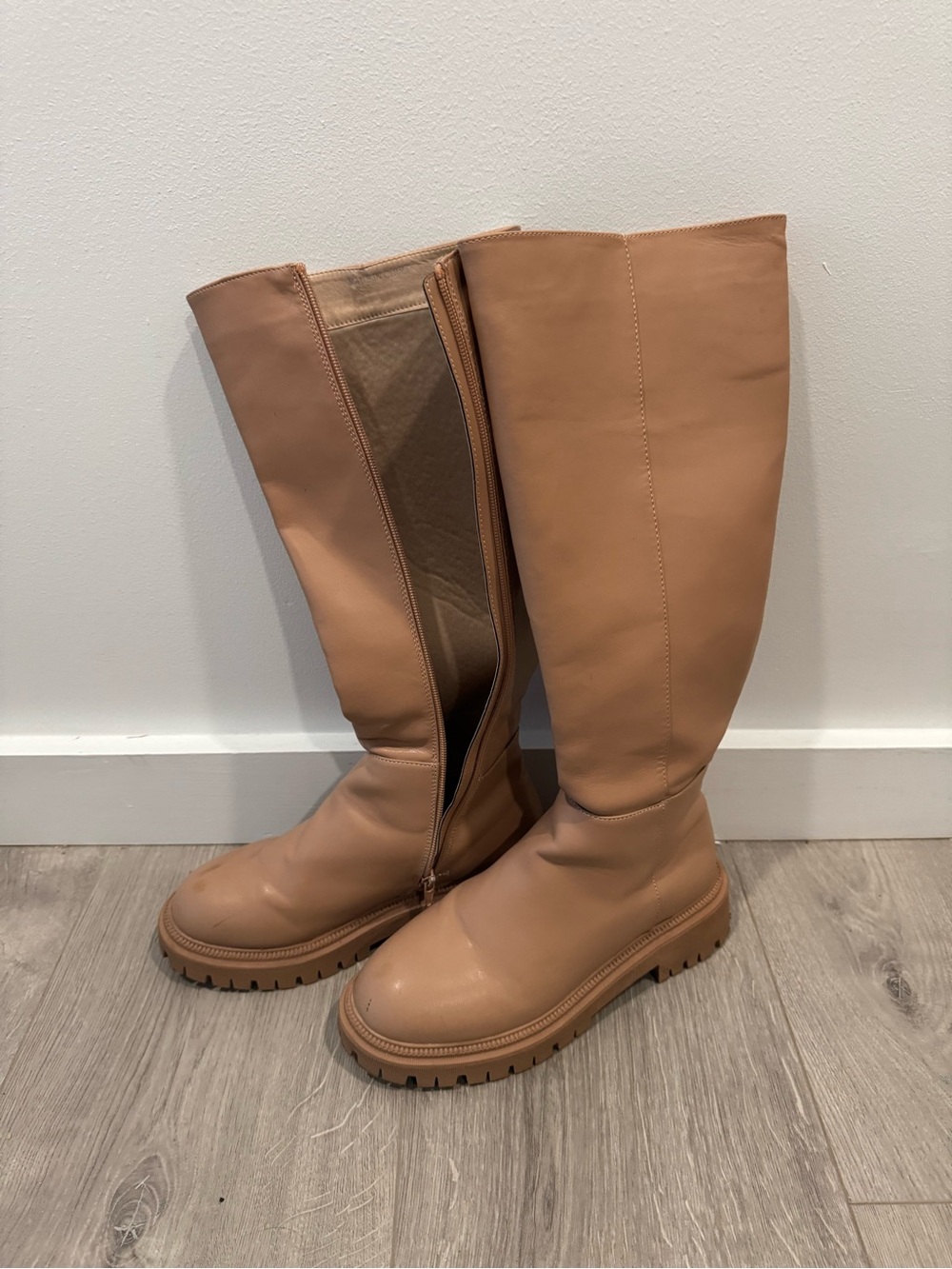 ASOS London Rebel Tan Chunky Lug Sole Knee High Boots Size 8